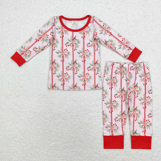 Baby Girls Christmas Holly Bows Red Bamboo Pajamas Clothes Sets