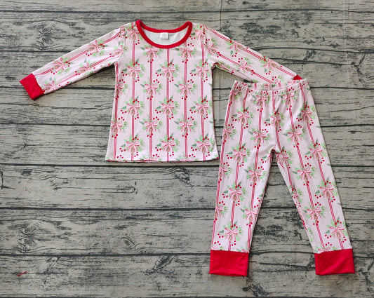 Baby Girls Christmas Holly Bows Red Bamboo Pajamas Clothes Sets