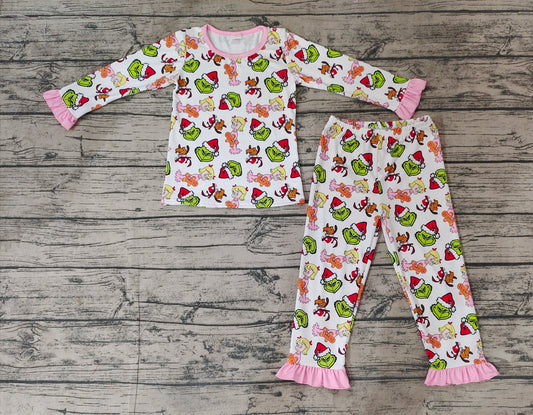 Baby Girls Christmas Green Face Character Bamboo Pajamas Clothes Sets