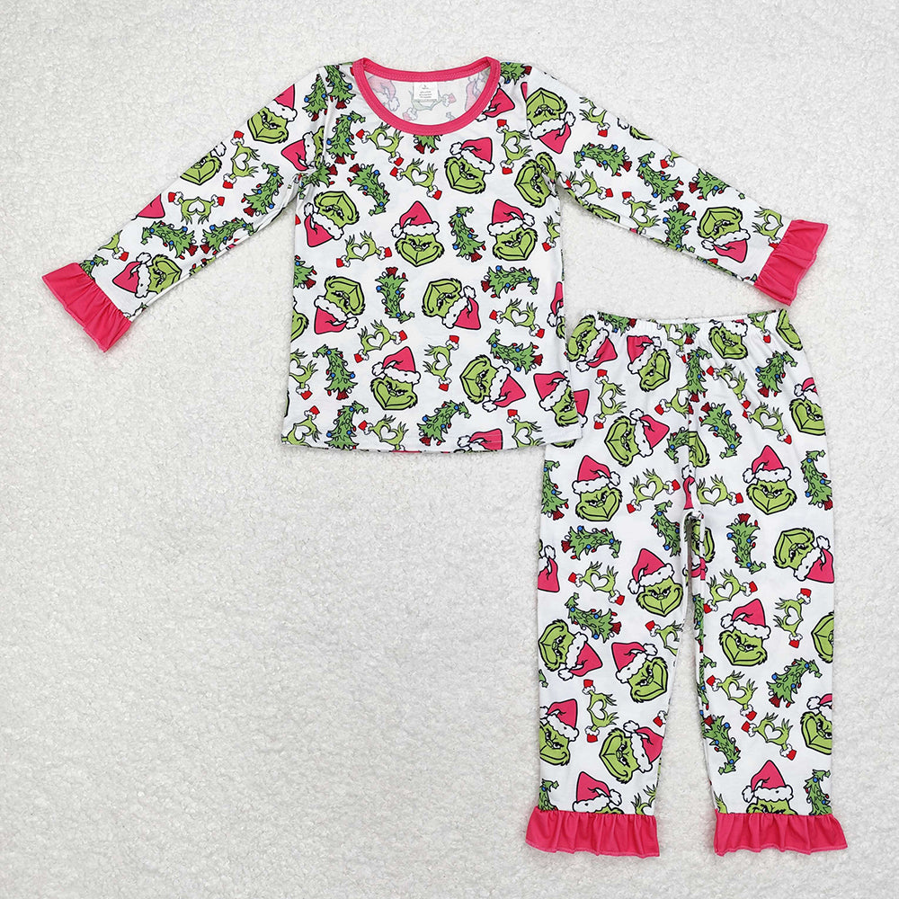 Baby Girls Christmas Green Face Hearts Bamboo Pajamas Clothes Sets