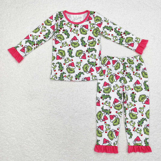 Baby Girls Christmas Green Face Hearts Bamboo Pajamas Clothes Sets