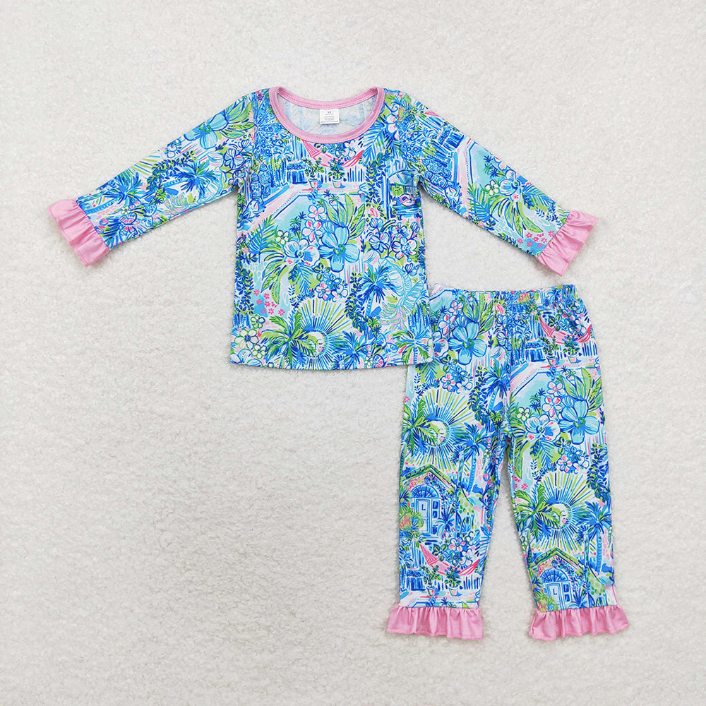 Baby Girls Blue Flowers House Top Pants Pajamas Clothes Sets