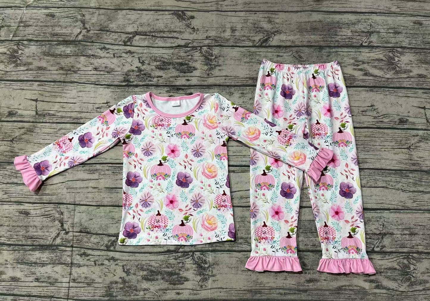 Baby Girls Pink Pumpkin Flowers Bamboo Pajamas Clothes Sets