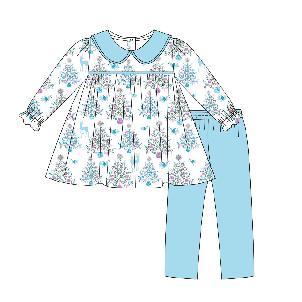 Baby Girls Christmas Blue Trees Tunic Top Pants Clothes Sets Preorder