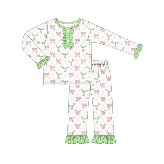 Baby Girls Christmas Bows Holly Top Pants Pajamas Clothes Sets Preorder