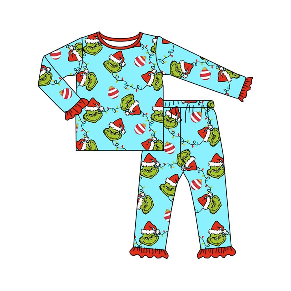 Baby Girls Christmas Green Face Top Pants Pajamas Clothes Sets Preorder