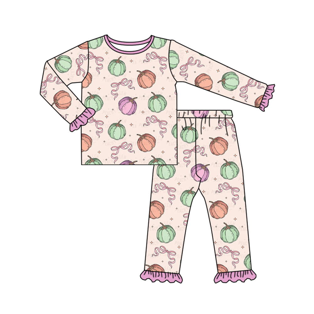 Baby Girls Fall Bows Pumpkin Top Pants Pajamas Outfits Sets Preorder