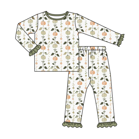 Baby Girls Fall Green Pumpkin Top Pants Pajamas Outfits Sets Preorder