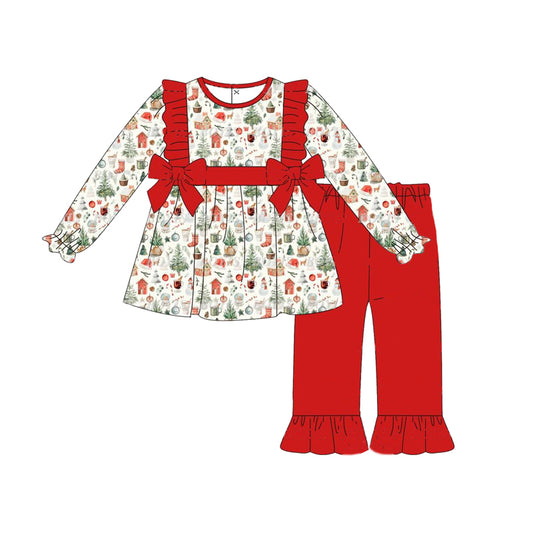 Baby Girls Christmas House Bows Tunic Ruffle Pants Clothes Sets Preorder