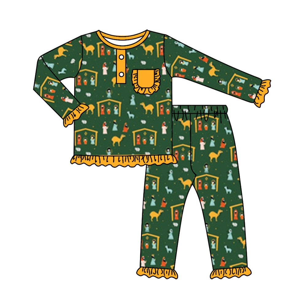 Baby Girls Christmas Nativity Pocket Shirt Pants Pajamas Clothes Sets Preorder