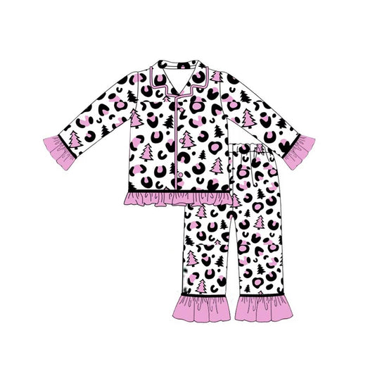 Baby Girls Christmas Tree Leopard Buttons Shirt Pants Pajamas Clothes Sets Preorder