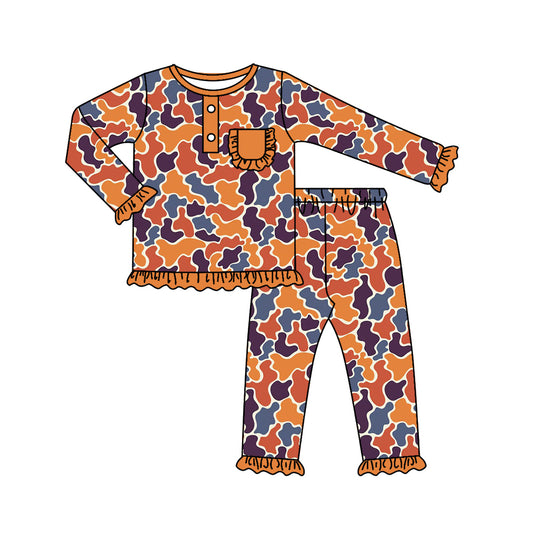 Baby Girls Orange Navy Camo Top Pants Pajamas Clothes Sets Preorder