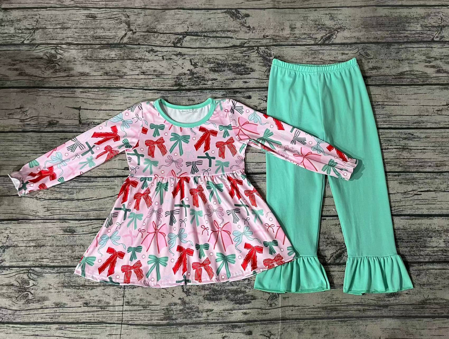 Baby Girls Christmas Pink Bows Tunic Top Pants Clothes Sets