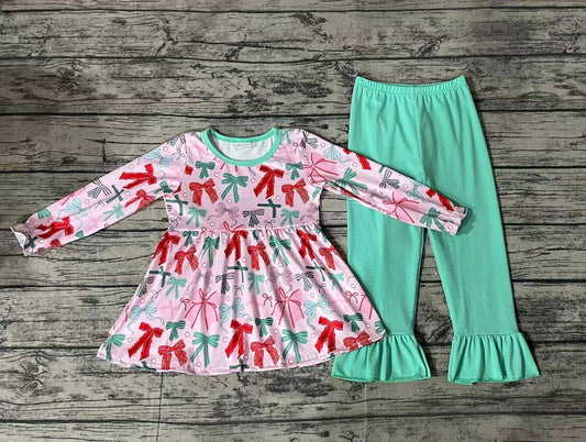 Baby Girls Christmas Pink Bows Tunic Top Pants Clothes Sets