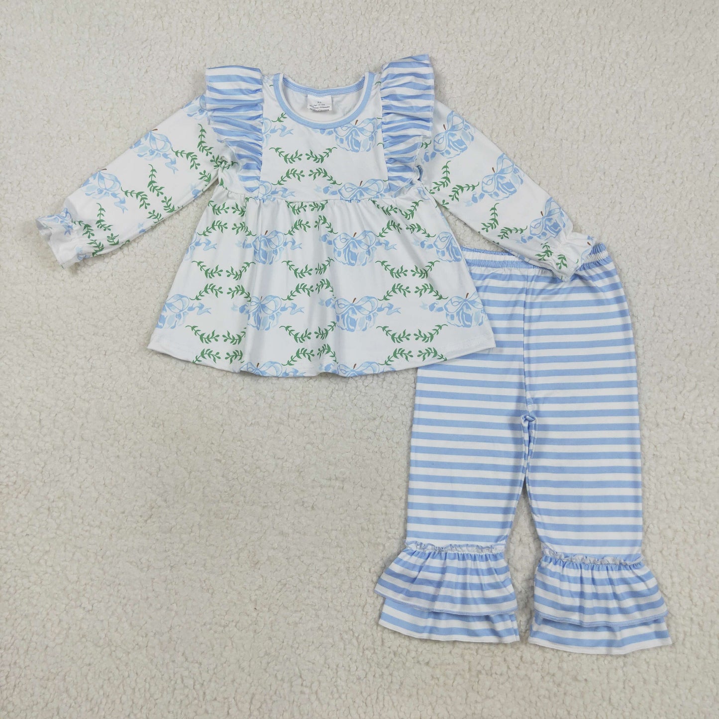 Sibling Baby Girls Bows Flowers Tunic Leggings Pant Long Ruffle Sleeves Clothes Sets