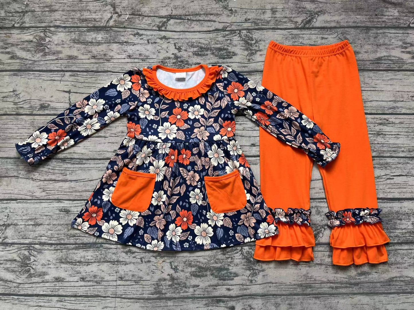 Baby Girls Navy Flowers Pockets Tunic Top Ruffle Pants Clothes Sets