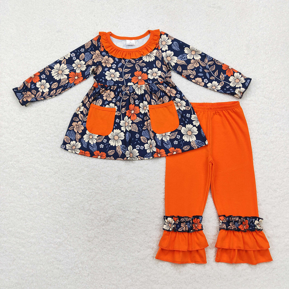 Baby Girls Navy Flowers Pockets Tunic Top Ruffle Pants Clothes Sets