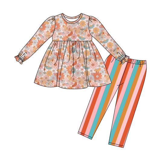 Baby Girls Fall Flowers Tunic Top Stripes Pants Clothes Sets Preorder