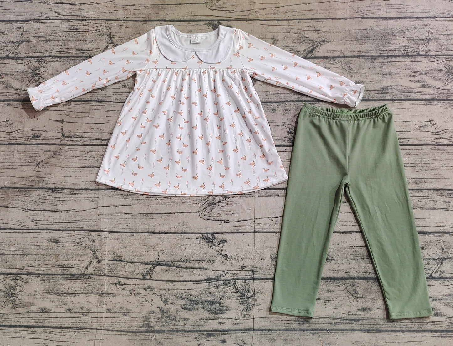 Baby Girls Fall Ducks Tunic Top Green Legging Clothes Sets