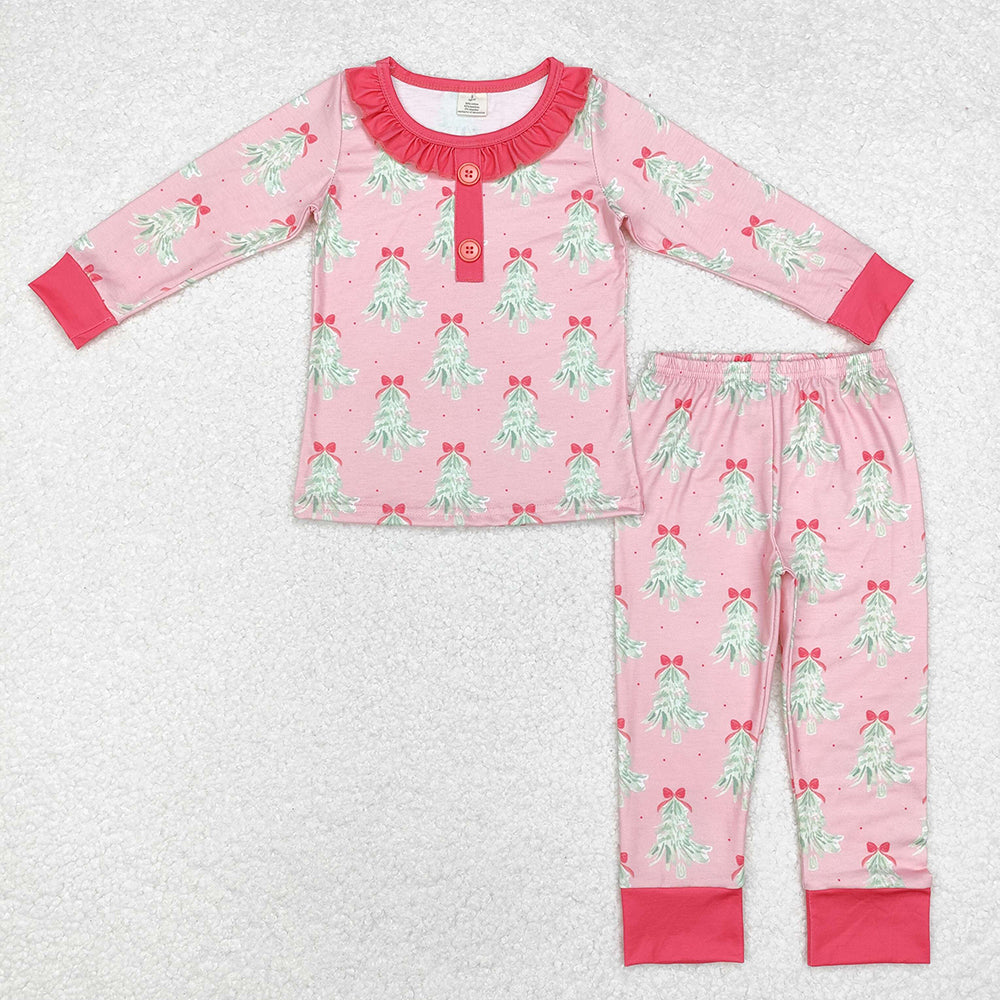 Baby Girls Pink Christmas Trees Bamboo Pajamas Clothes Sets