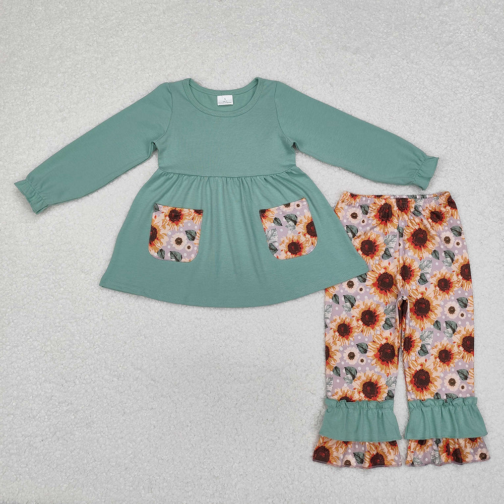 Baby Girls Green Pockets Tunic Top Sunflowers Ruffle Pants Clothes Sets