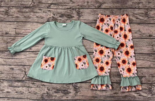 Baby Girls Green Pockets Tunic Top Sunflowers Ruffle Pants Clothes Sets