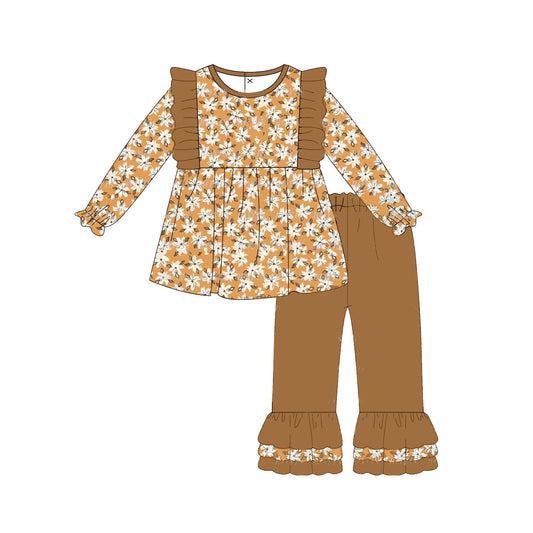 Baby Girls Brown Small Flowers Tunic Top Ruffle Pants Clothes Sets Preorder