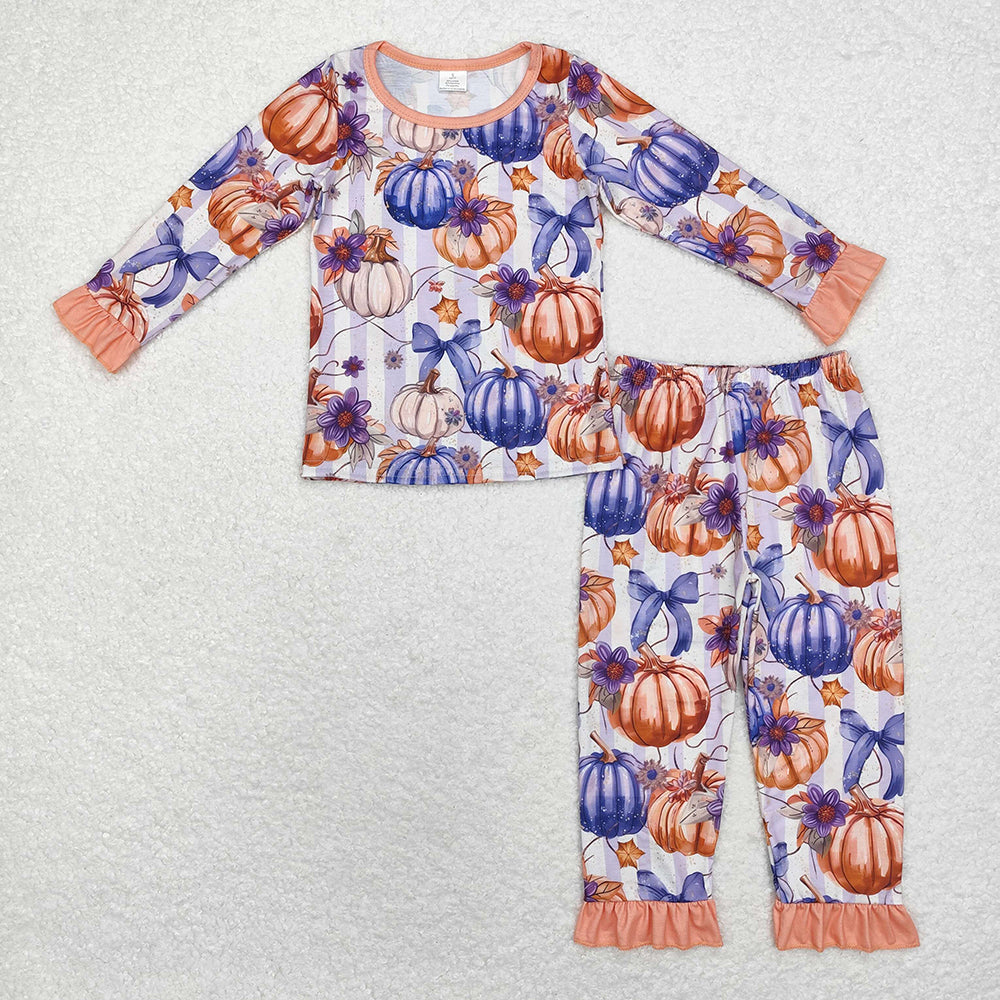 Baby Girls Purple Pumpkin Bows Bamboo Pajamas Clothes Sets