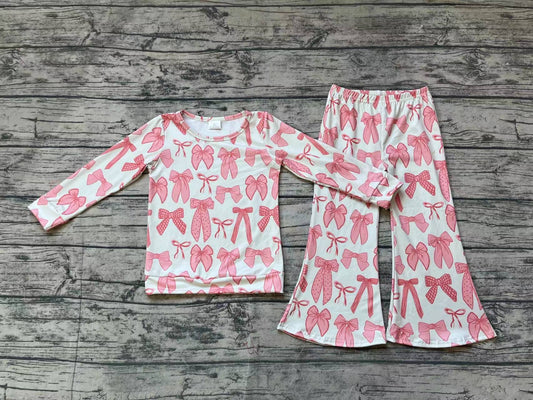 Baby Girls Fall Pink Bows Shirt Bell Pants Clothes Sets