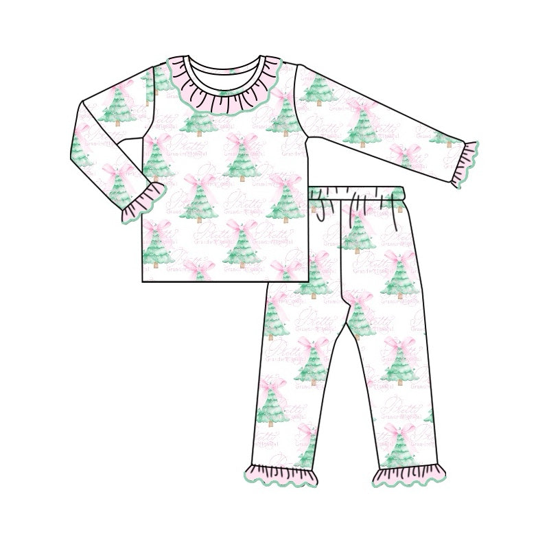 Baby Girls Christmas Tree Bows Shirt Pants Pajamas Clothes Sets Preorder