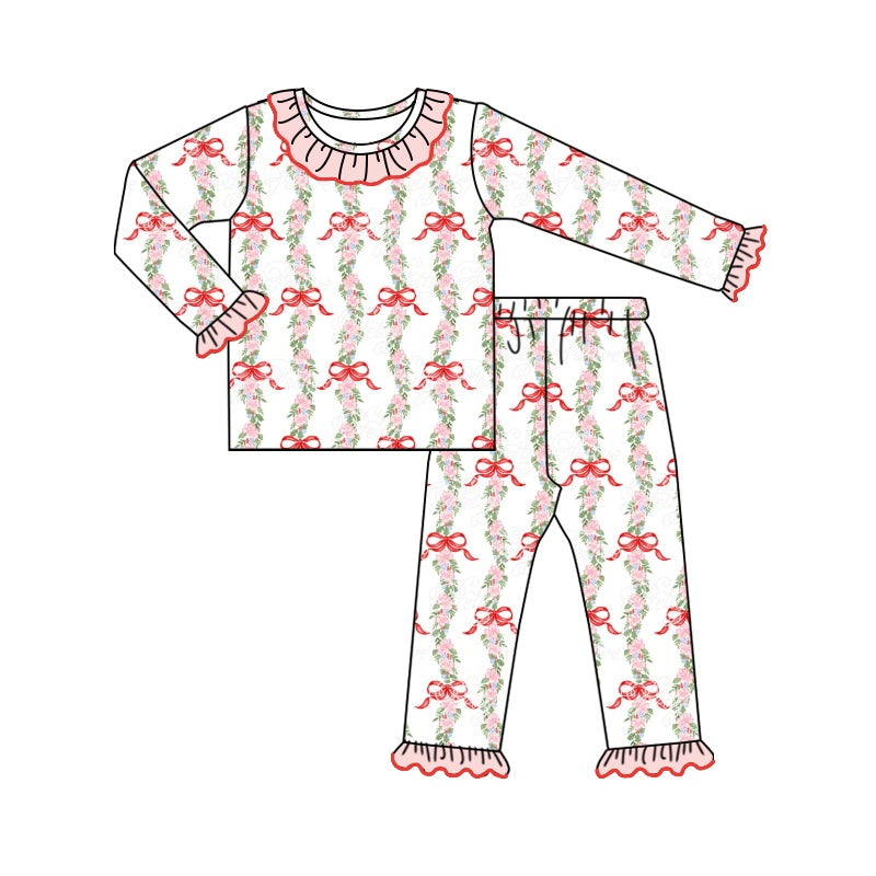 Baby Girls Christmas Red Bows Shirt Pants Pajamas Clothes Sets Preorder