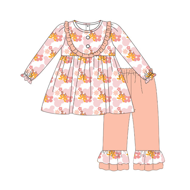 Baby Girls Pink Flowers Cartoon Top Ruffle Pants Clothes Sets Preorder