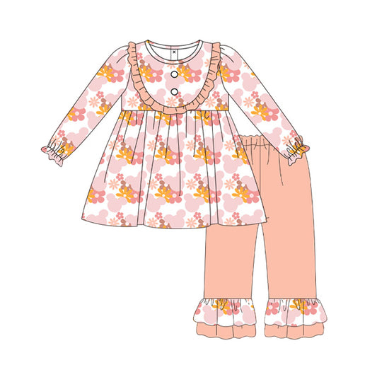 Baby Girls Pink Flowers Cartoon Top Ruffle Pants Clothes Sets Preorder