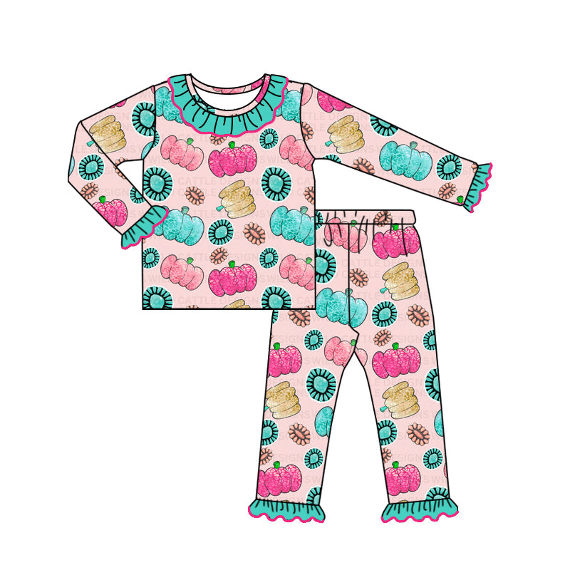 Baby Girls Colorful Pumpkins Turquoise Top Pants Pajamas Clothes Sets Preorder