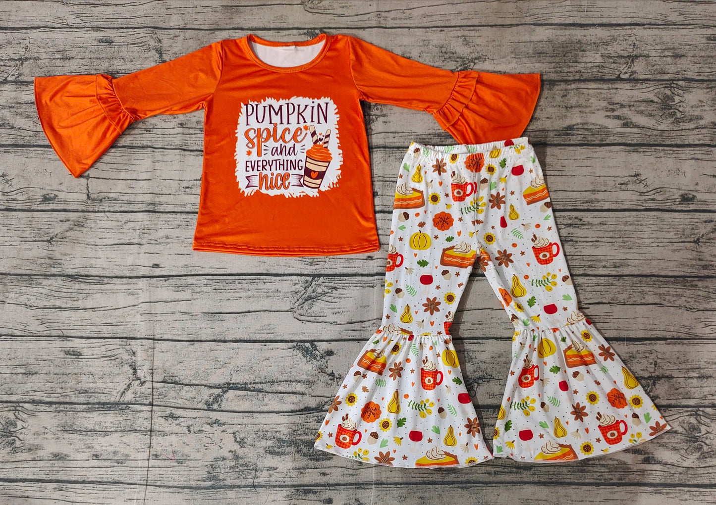 Baby Girls Orange Pumpkin Coffee Cups Top Bell Pants Clothes Sets