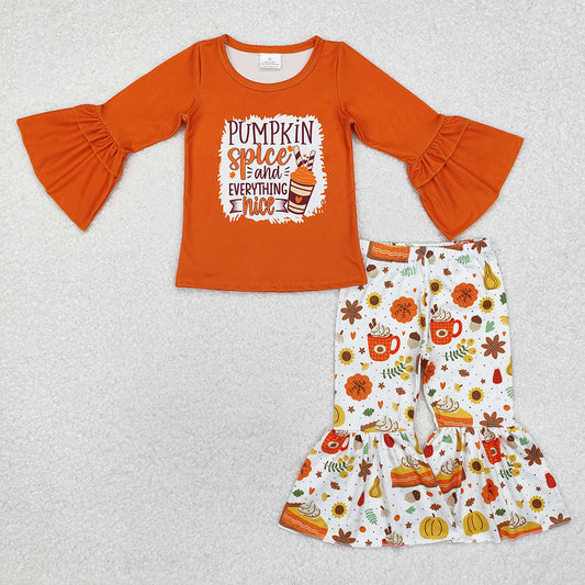 Baby Girls Orange Pumpkin Coffee Cups Top Bell Pants Clothes Sets