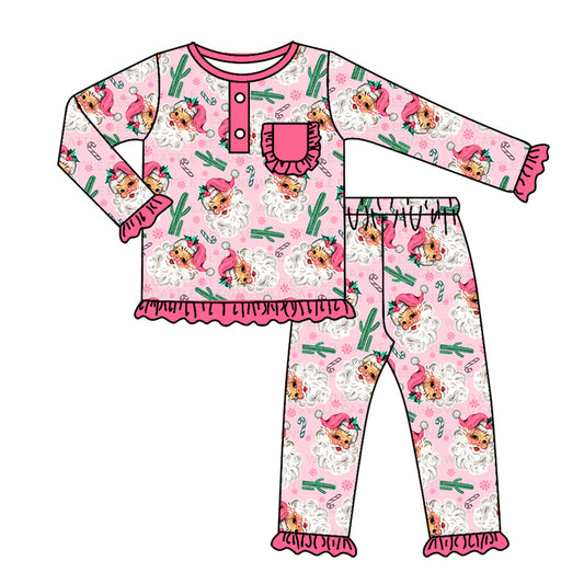 Baby Girls Christmas Western Cactus Santa Shirt Pants Pajamas Clothes Sets Preorder