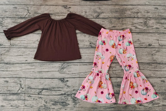 Girls Baby Fall Brown Tops Pumpkin Bell Pants Clothes Sets