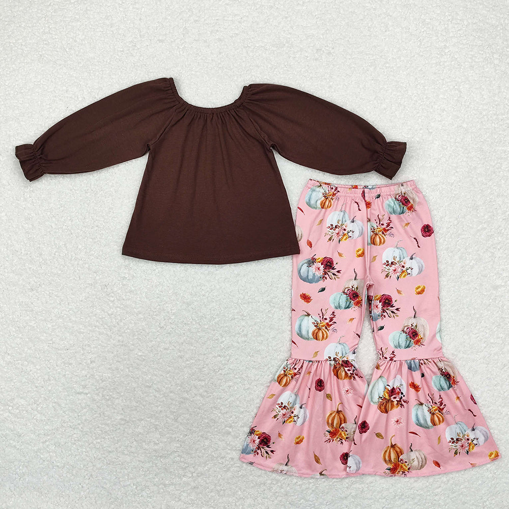 Girls Baby Fall Brown Tops Pumpkin Bell Pants Clothes Sets