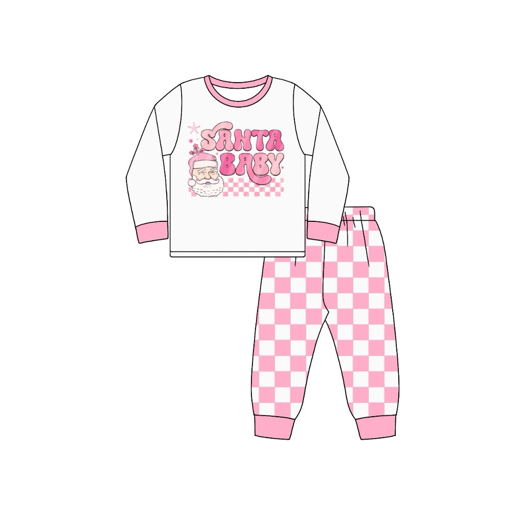 Girls Christmas Baby Tops Pink Checkered Pants Pajamas Clothes Sets Preorder