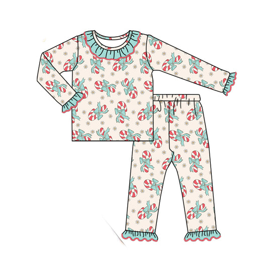 Baby Girls Christmas Candy Cane Flowers Top Pants Pajamas Clothes Sets Preorder