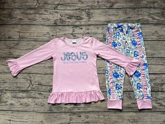 Baby Girls Pink Jesus Top Ruffle Floral Pants Clothes Sets