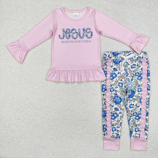 Baby Girls Pink Jesus Top Ruffle Floral Pants Clothes Sets