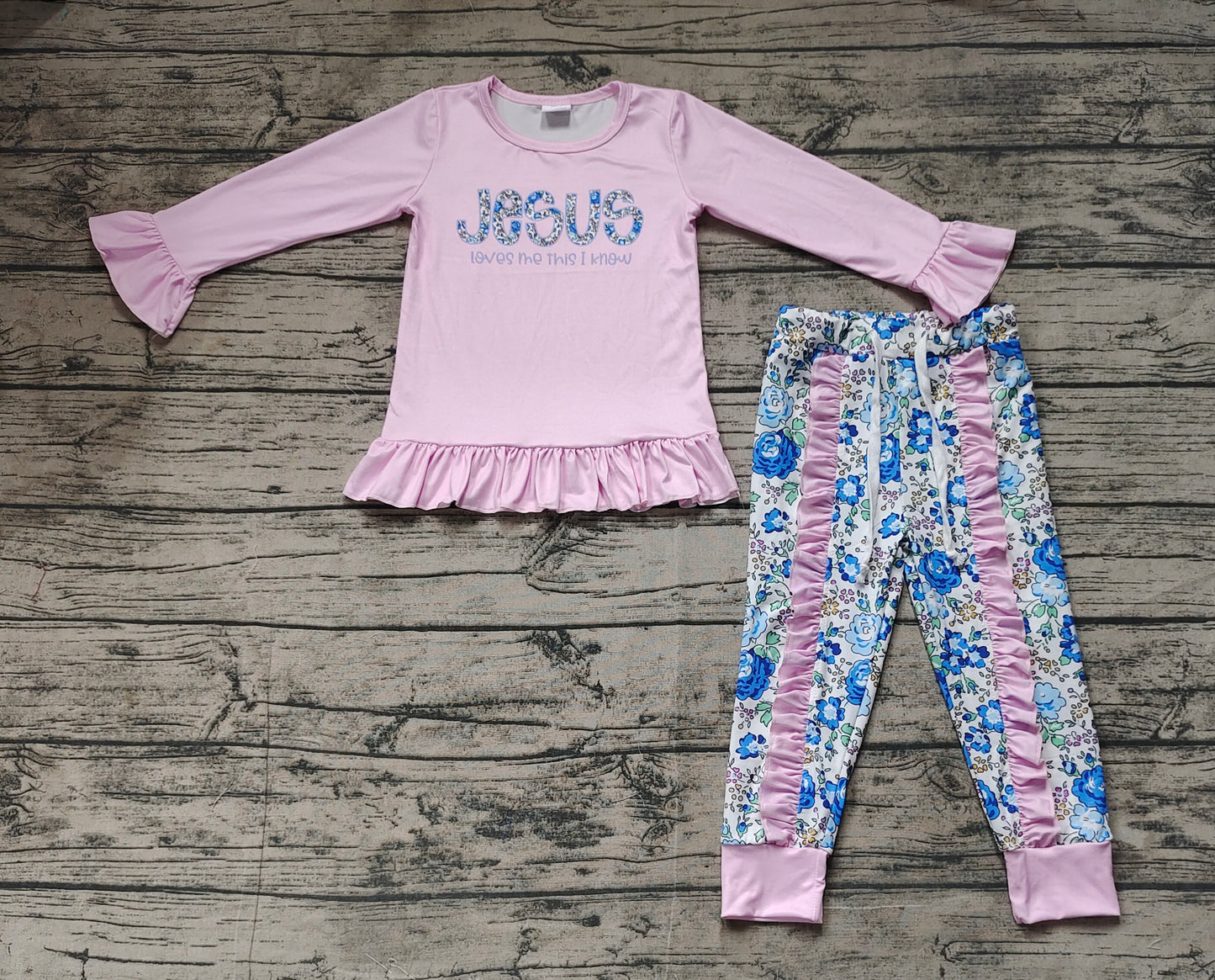 Baby Girls Pink Jesus Top Ruffle Floral Pants Clothes Sets