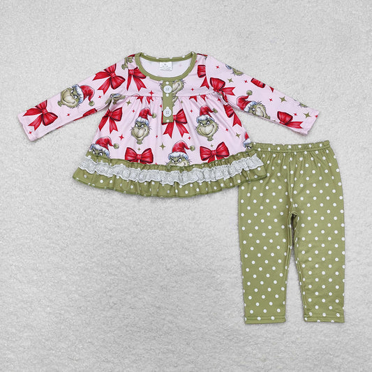 Sibling Girls Christmas Green Face Bows Rompers Clothes Sets