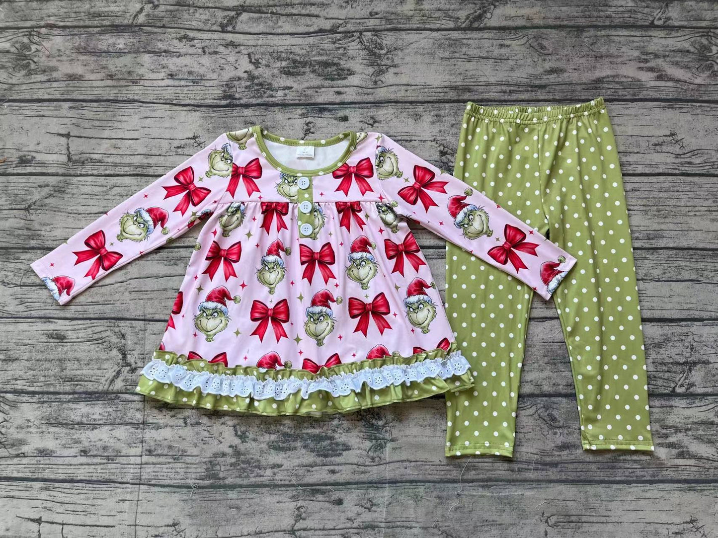 Baby Girls Christmas Green Face Bows Tunic Legging Clothes Sets