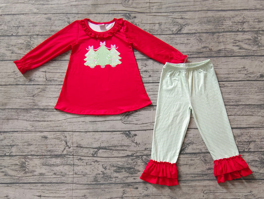 Baby Girls Red Christmas Tree Tunic Ruffle Pants Clothes Sets