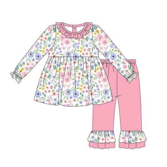 Baby Girls Lavender Pink Flowers Tunic Ruffle Pants Clothes Sets Preorder