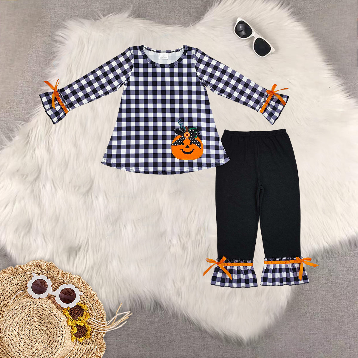 Sibling Baby Girls Long Sleeve Floral Pumpkins Tunic Bell Bottom Legging Pant Fall Clothes Set