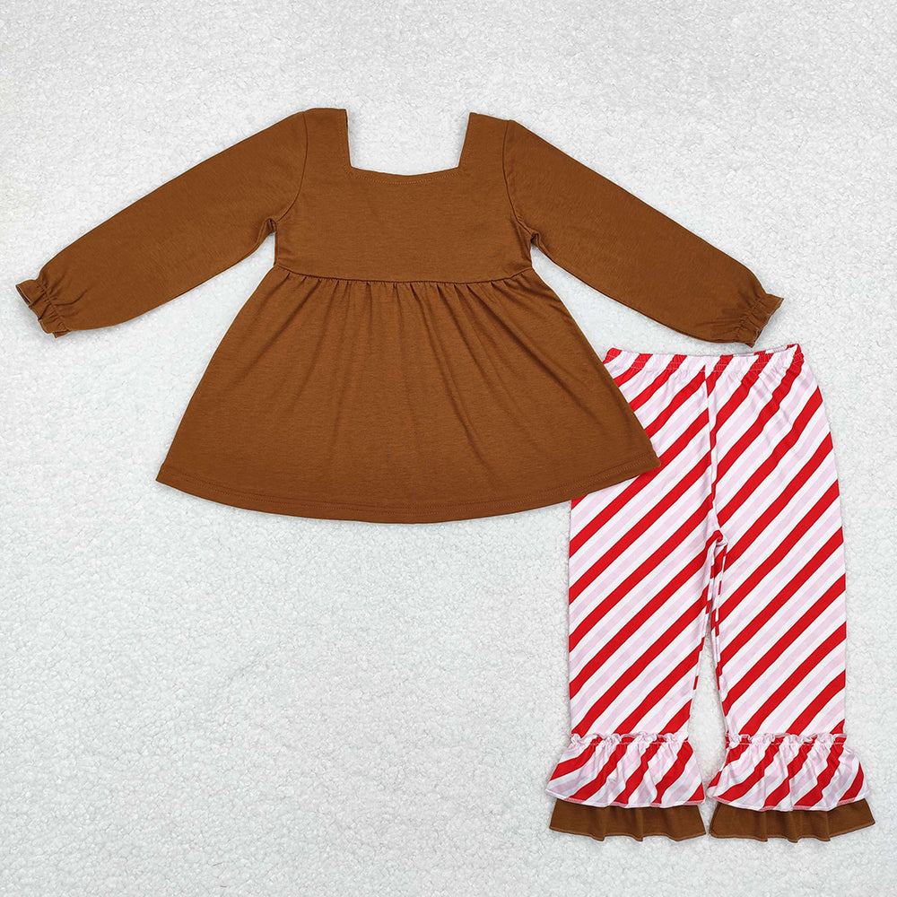 Baby Girls Brown Gingerbread Bow Tunic Ruffle Pants Clothes Sets